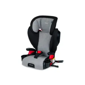 A convertible car seat with a black base and a red and gray patterned fabric infant insert. The car seat is facing forward and the harness straps are visible.