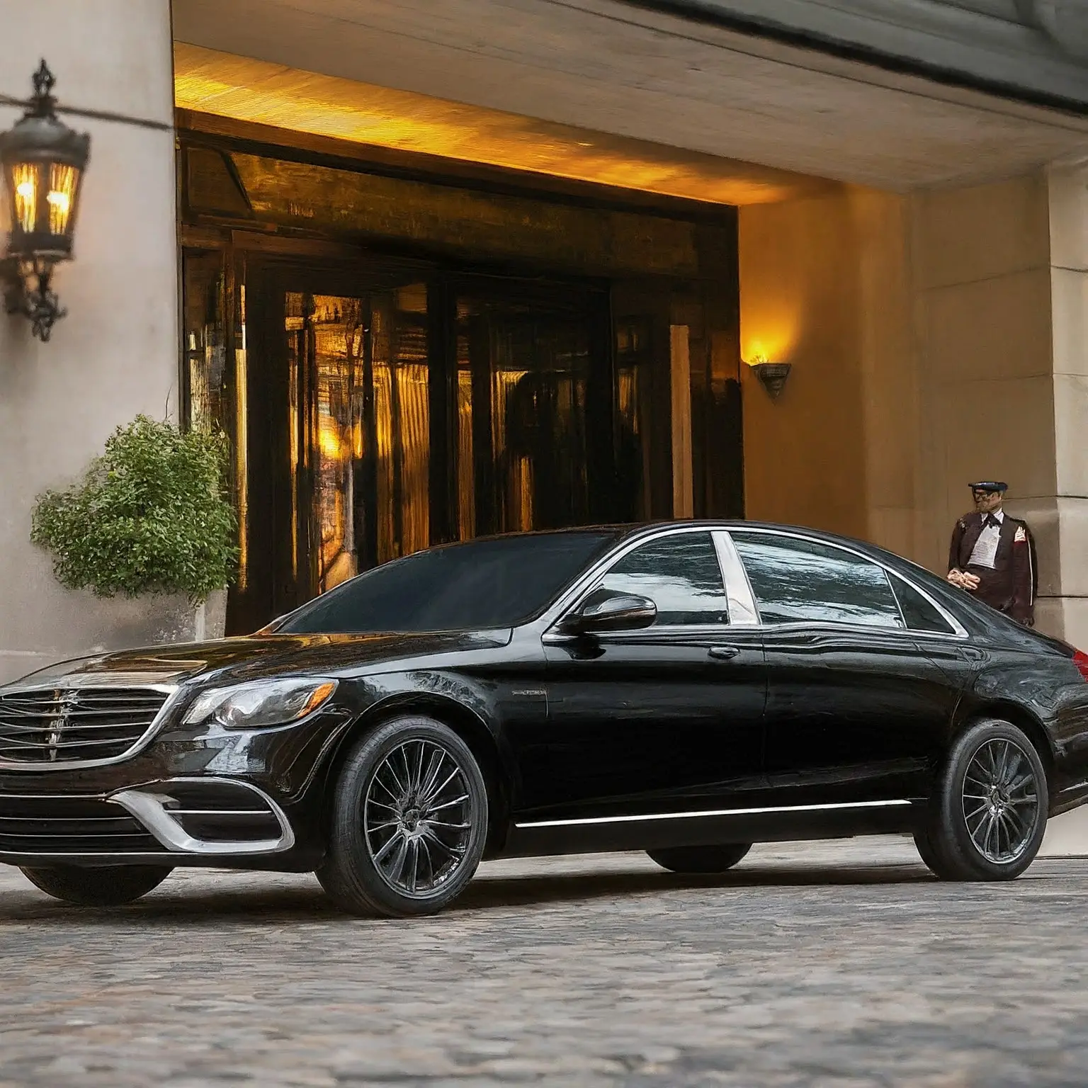 A sleek black sedan parked curbside at a luxurious hotel entrance. A uniformed chauffeur stands by the car door waiting for a passenger.