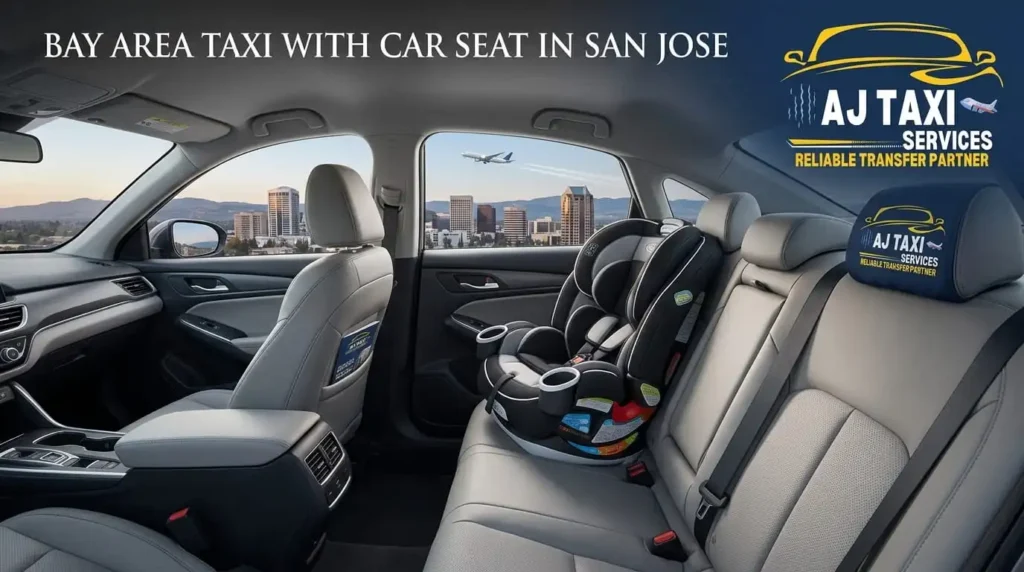 Bay Area taxi with car seat in San Jose featuring pre-installed AJ Taxi child seats for SJC, SFO, and OAK airport transfers.