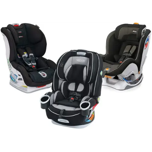A convertible car seat with a black base and a red and gray patterned fabric infant insert. The car seat is facing forward and the harness straps are visible.